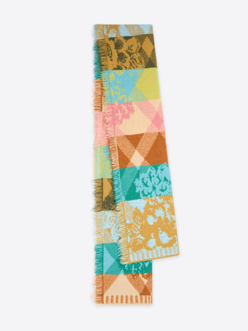 Colorful patchwork scarf on a white background
