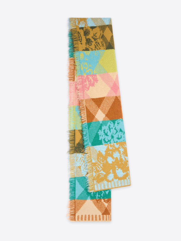 Colorful patchwork scarf on a white background