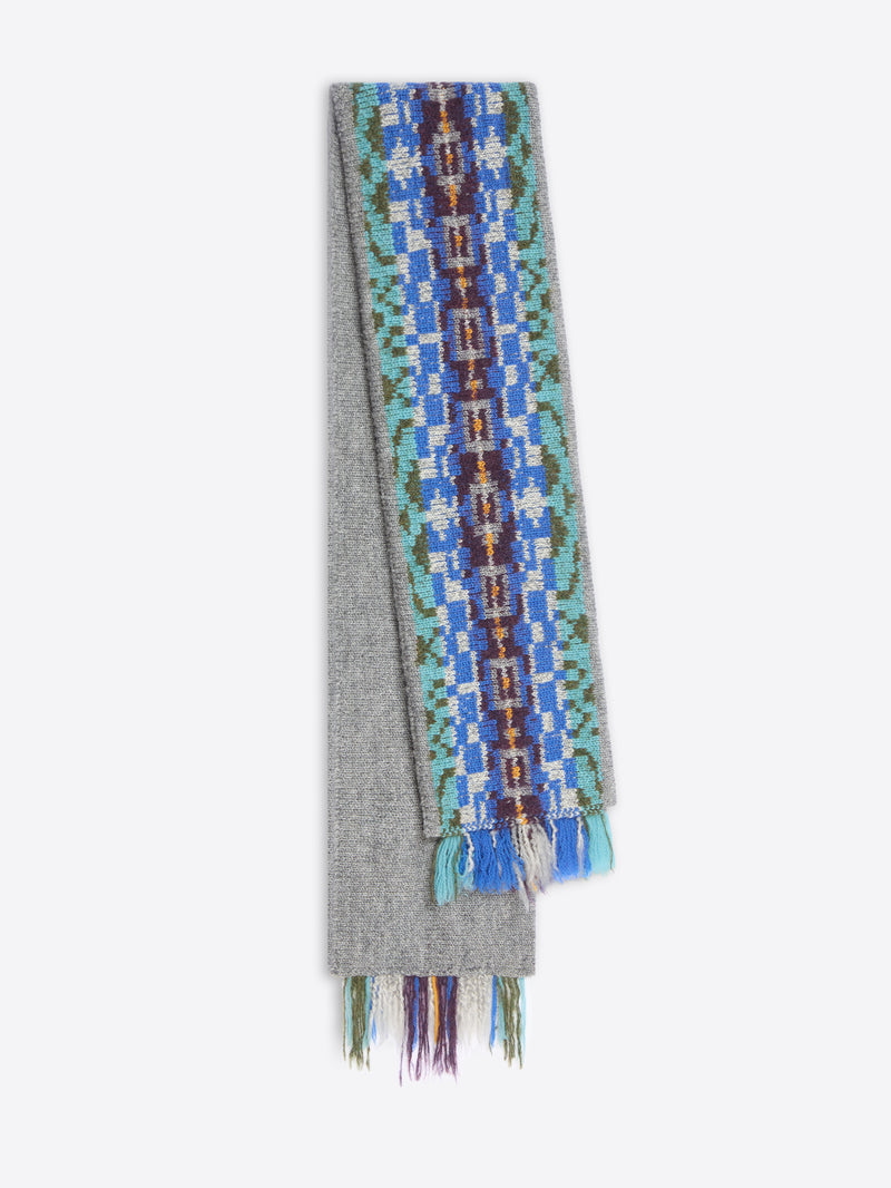Gray scarf with colorful patterned end on a white background
