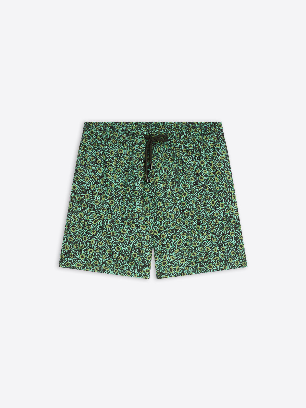 A pair of men's shorts featuring an all-over green and yellow floral pattern, with a black drawstring at the elastic waistband, shown flat on a light gray background.