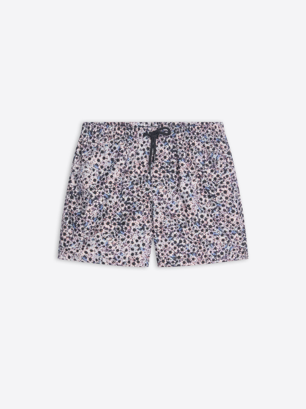 Floral patterned swim shorts on a white background