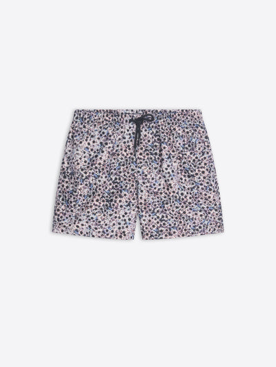 Floral patterned swim shorts on a white background