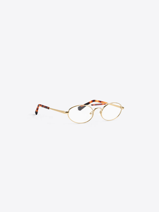 Oval eyeglasses with thin gold metal rims and tortoiseshell temples, shown on a light gray background.