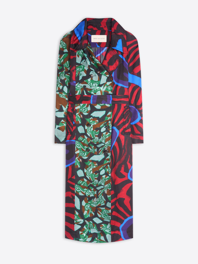 Long, colorful patterned coat on a white background