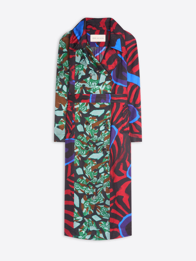 Long, colorful patterned coat on a white background