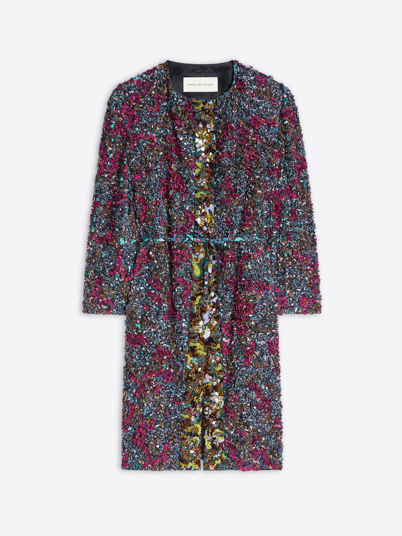 Multicolored patterned dress on a white background