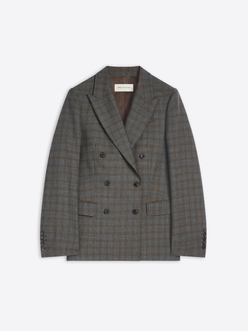 Checkered gray blazer on a light gray background