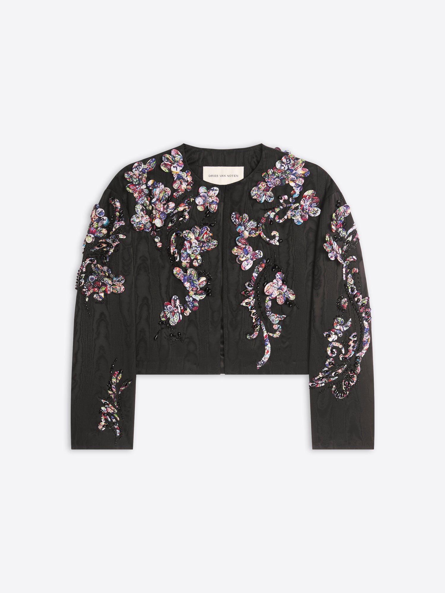Black jacket with floral embroidery on a white background
