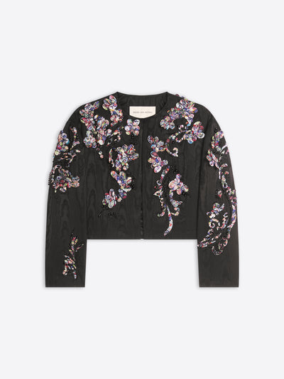 Black jacket with floral embroidery on a white background
