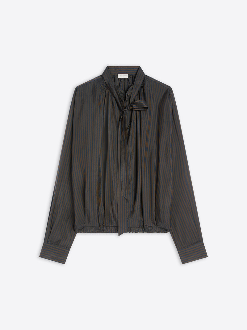 Dark ribbed blouse with a tie neckline on a white background
