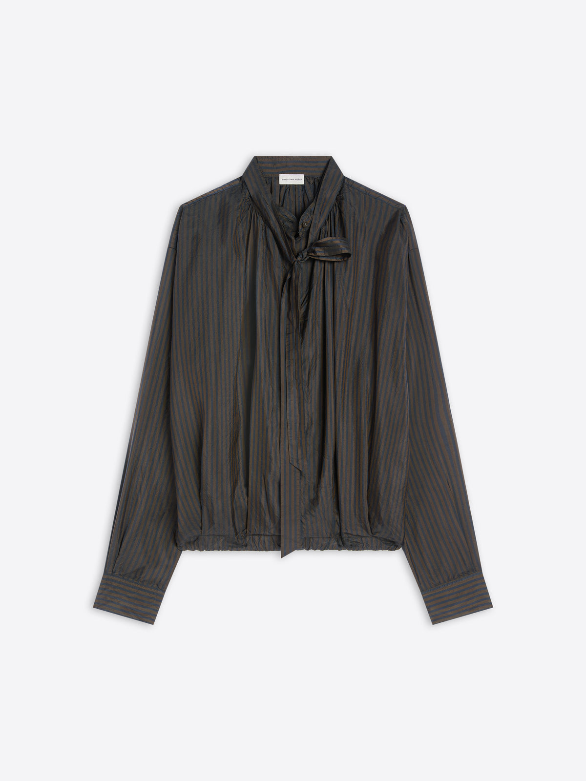 Dark ribbed blouse with a tie neckline on a white background