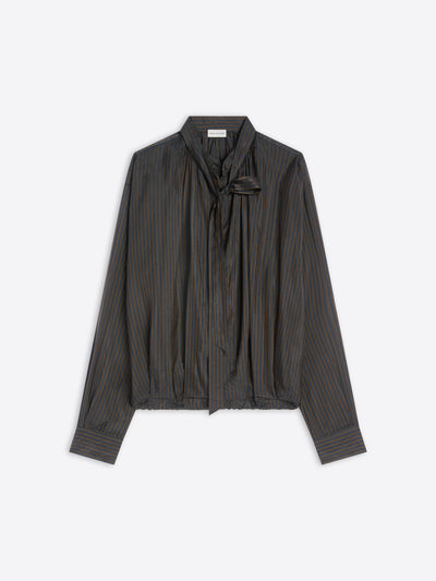 Dark ribbed blouse with a tie neckline on a white background