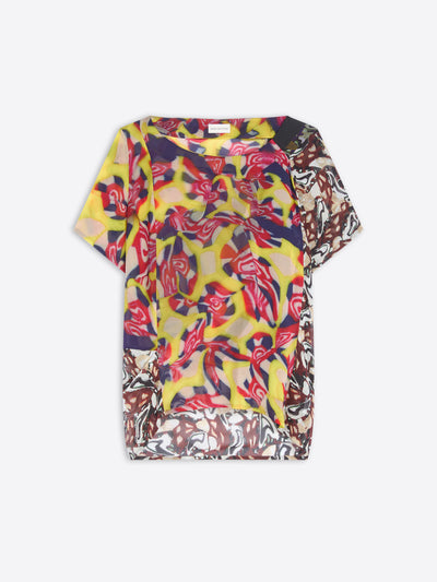 Colorful floral-patterned top on a white background