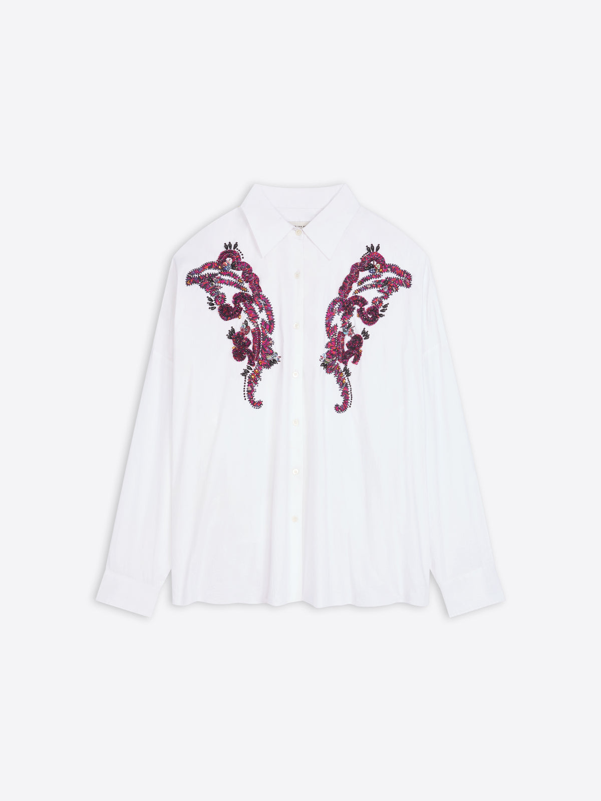 White shirt with purple floral embroidery on a white background