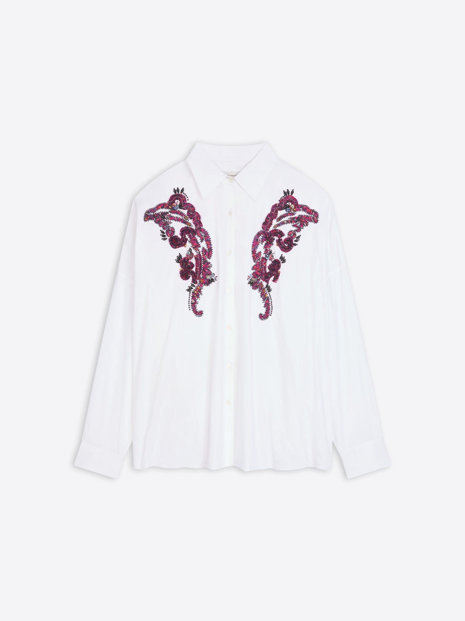 White shirt with purple floral embroidery on a white background