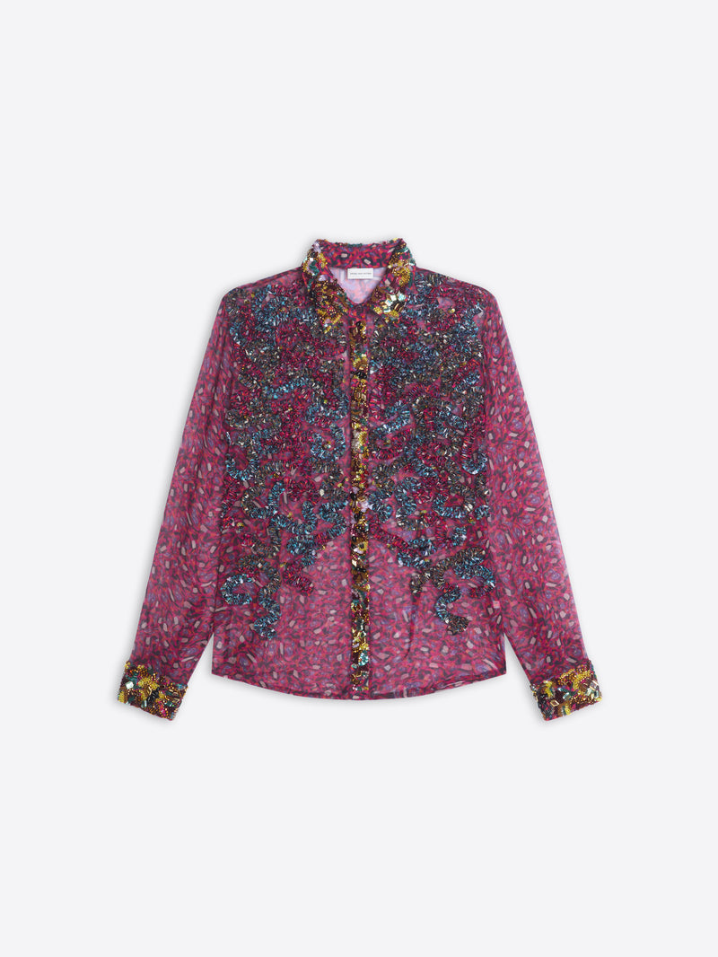 Floral patterned sheer shirt on a white background