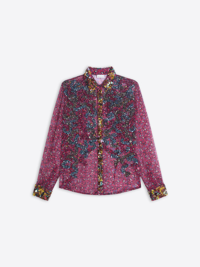 Floral patterned sheer shirt on a white background