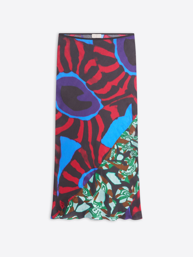 Colorful patterned skirt with abstract designs on a white background