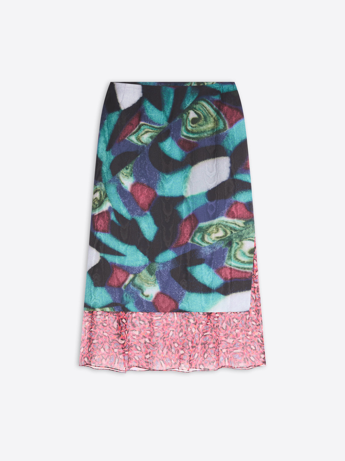Colorful patterned skirt with a pink ruffled hem on a white background