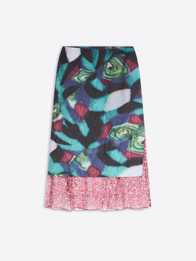 Colorful patterned skirt with a pink ruffled hem on a white background