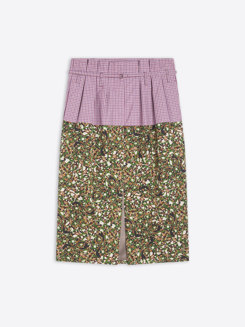 Skirt with pink checkered top and green floral bottom on a white background