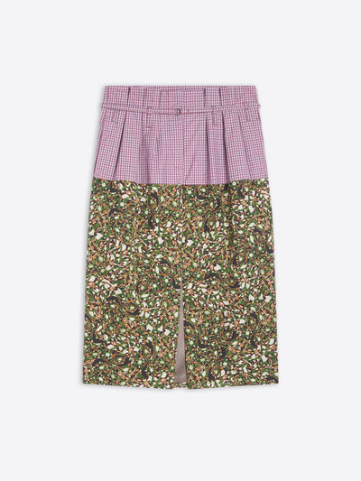 Skirt with pink checkered top and green floral bottom on a white background