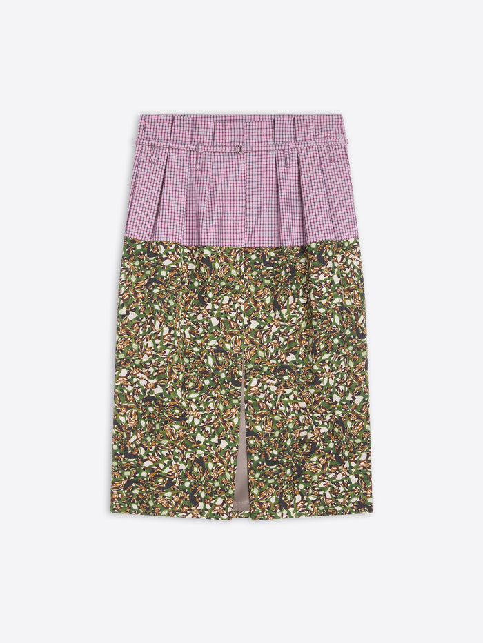 Skirt with pink checkered top and green floral bottom on a white background