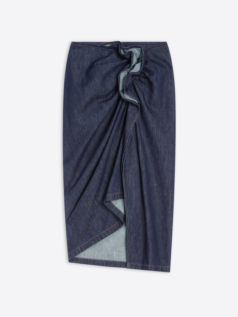 Blue denim skirt with a knot detail on a white background