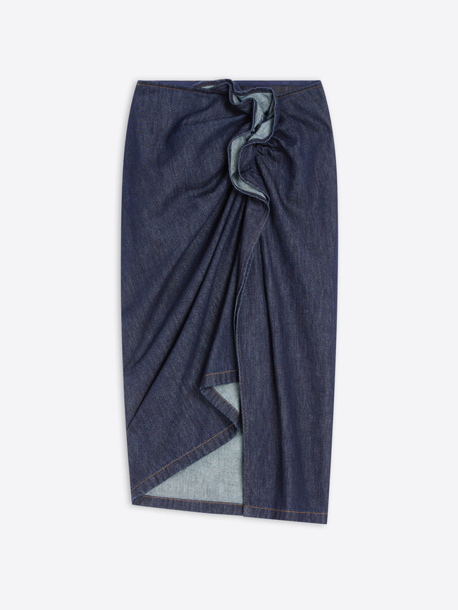 Blue denim skirt with a knot detail on a white background
