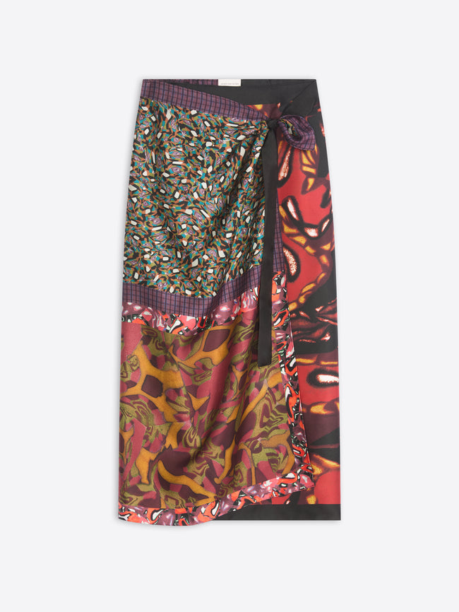 Colorful patterned skirt with a patchwork design on a white background