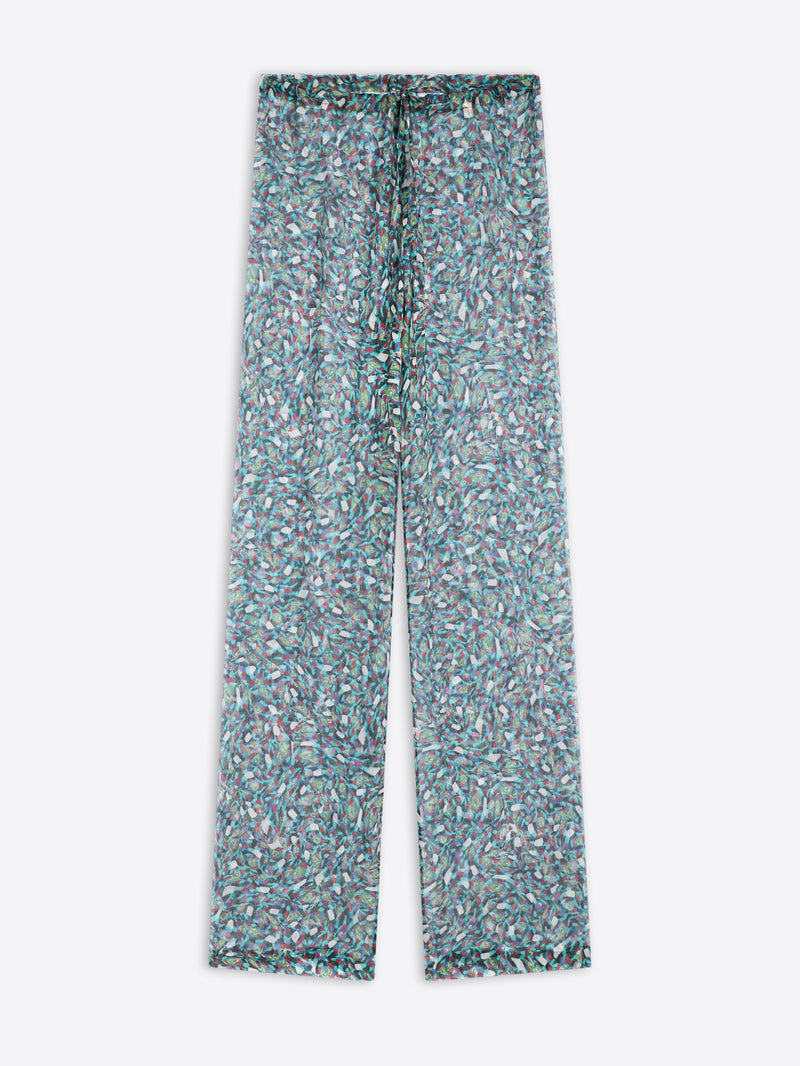 Floral-patterned sheer pants on a white background