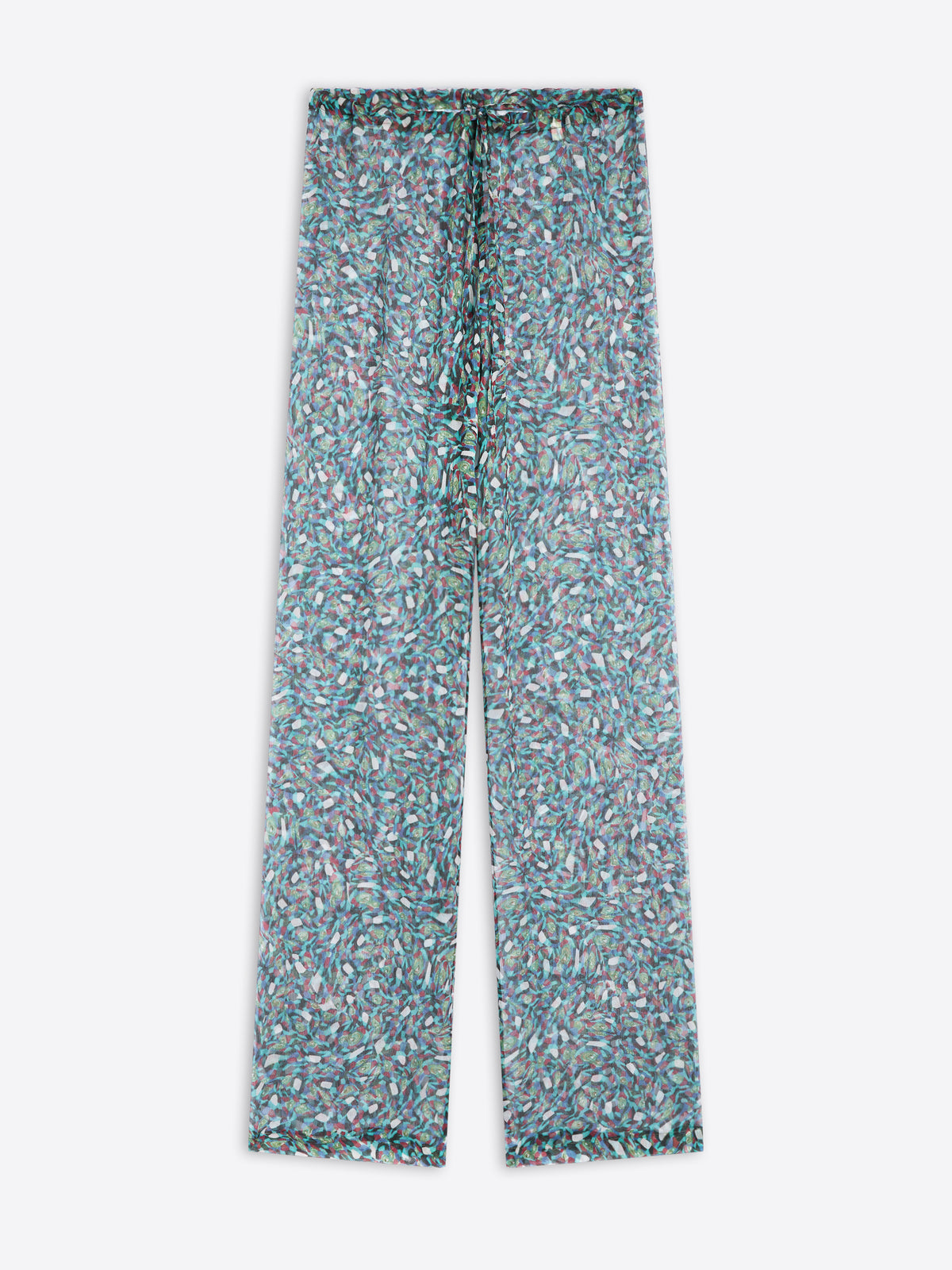 Floral-patterned sheer pants on a white background