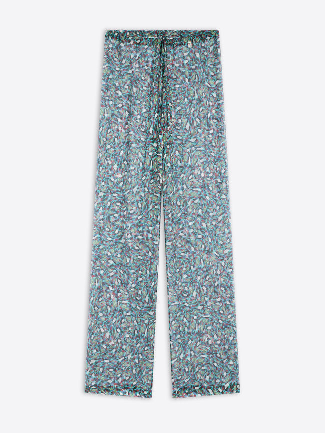 Floral-patterned sheer pants on a white background