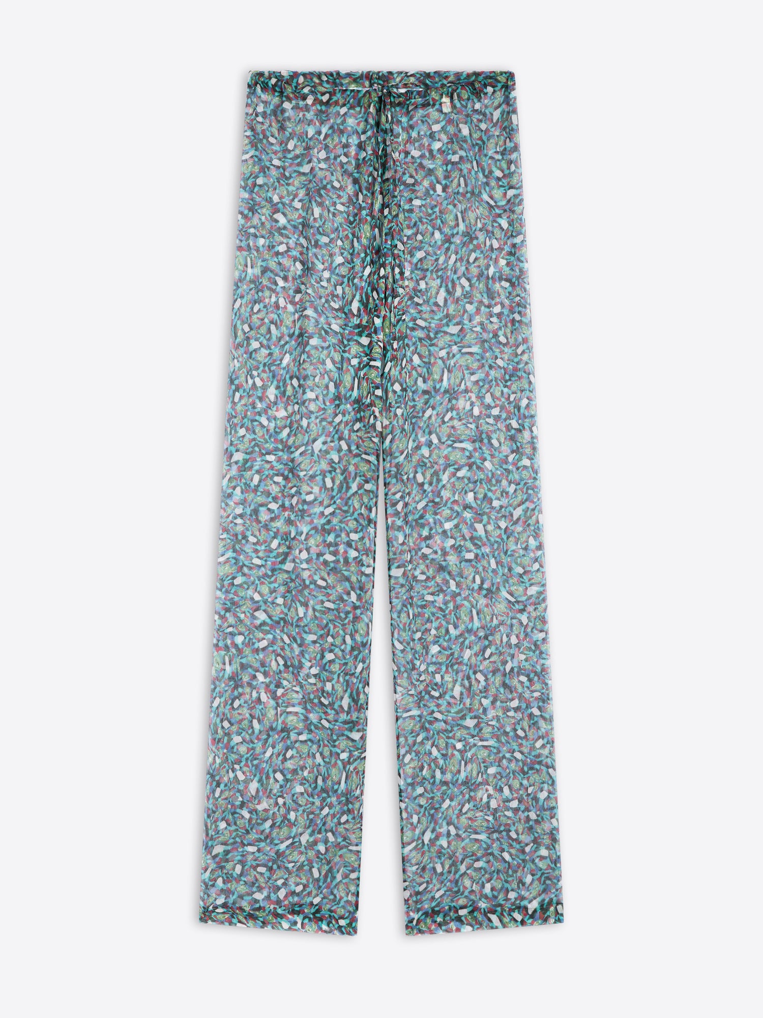Floral-patterned sheer pants on a white background