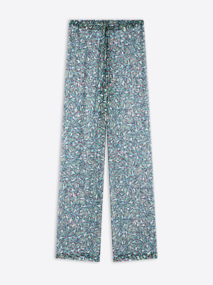 Floral-patterned sheer pants on a white background