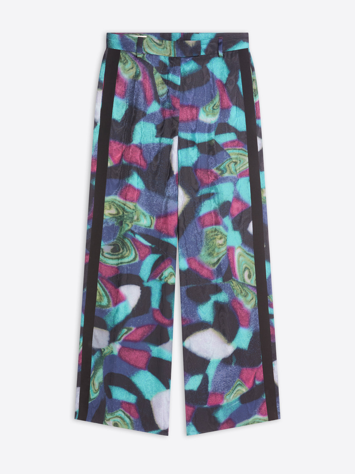 Colorful patterned pants with black stripes on a white background