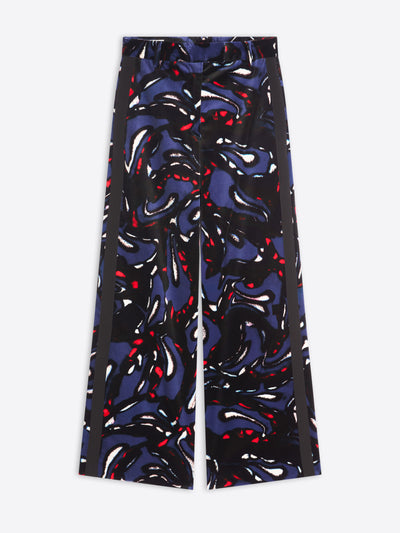 Colorful patterned pants with black stripes on a white background
