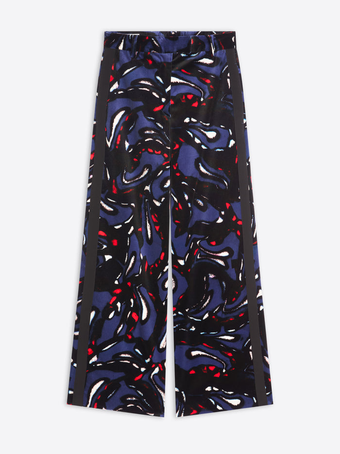 Colorful patterned pants with black stripes on a white background