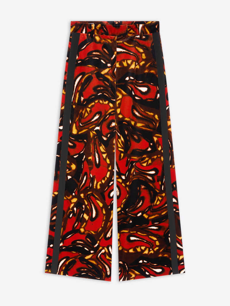 Colorful patterned pants with black stripes on a white background
