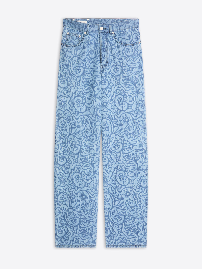Blue patterned jeans on a white background