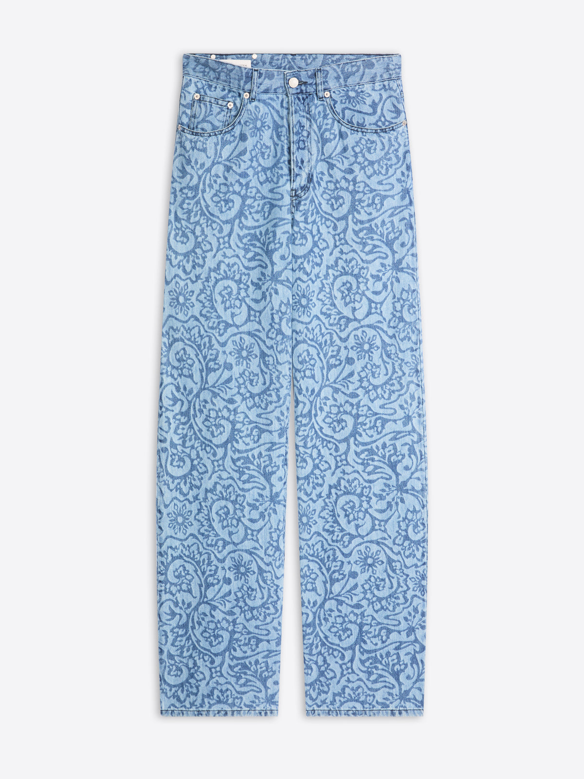 Blue patterned jeans on a white background