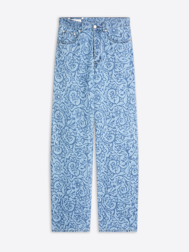 Blue patterned jeans on a white background