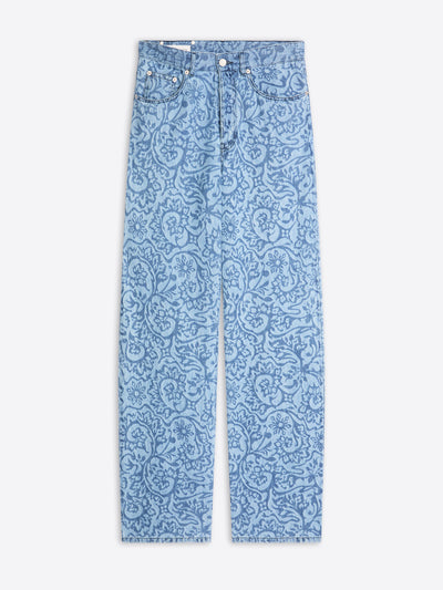 Blue patterned jeans on a white background