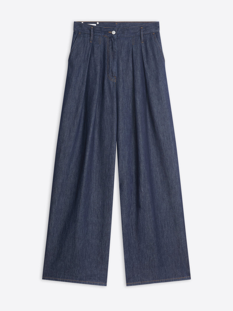 Pair of blue denim pants on a white background