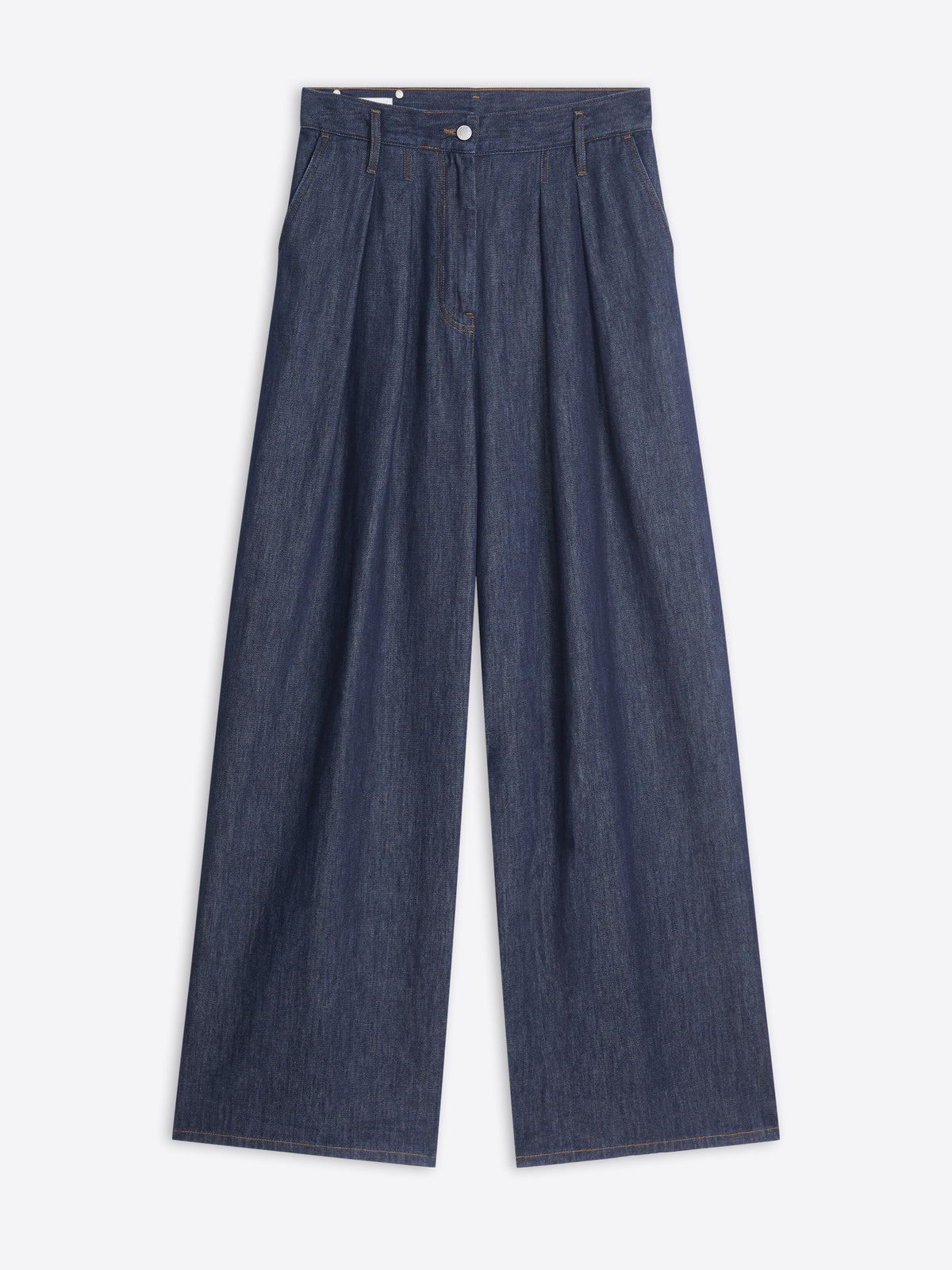 Pair of blue denim pants on a white background