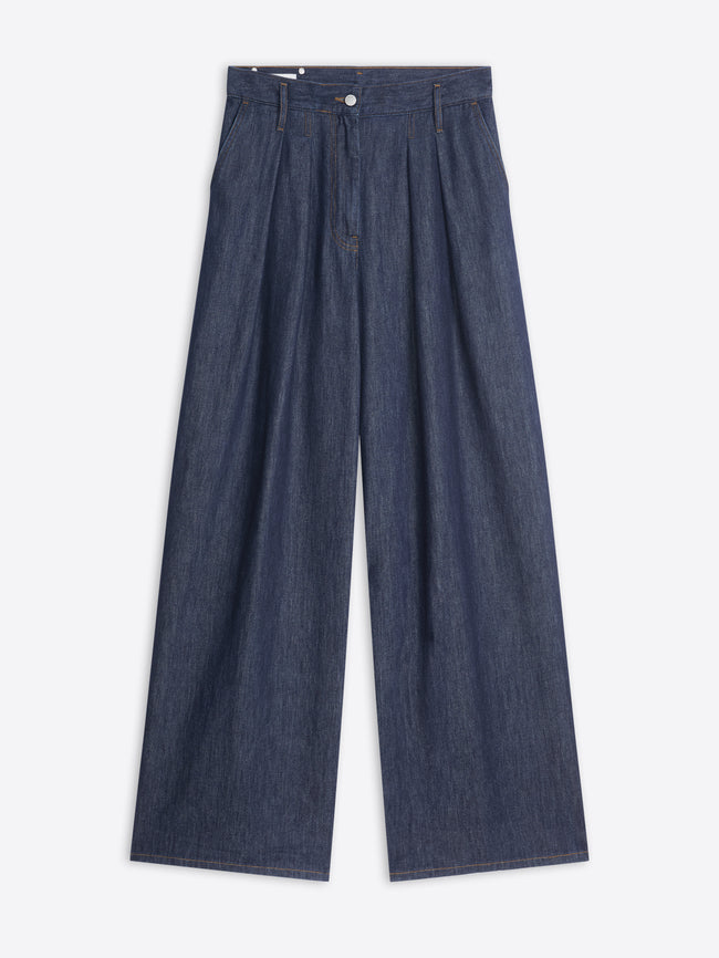 Pair of blue denim pants on a white background