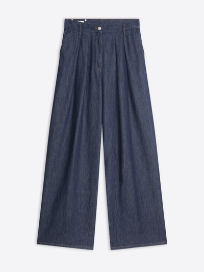 Pair of blue denim pants on a white background