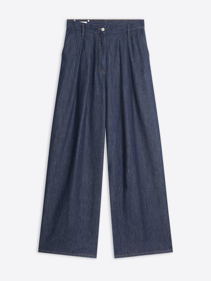 Pair of blue denim pants on a white background
