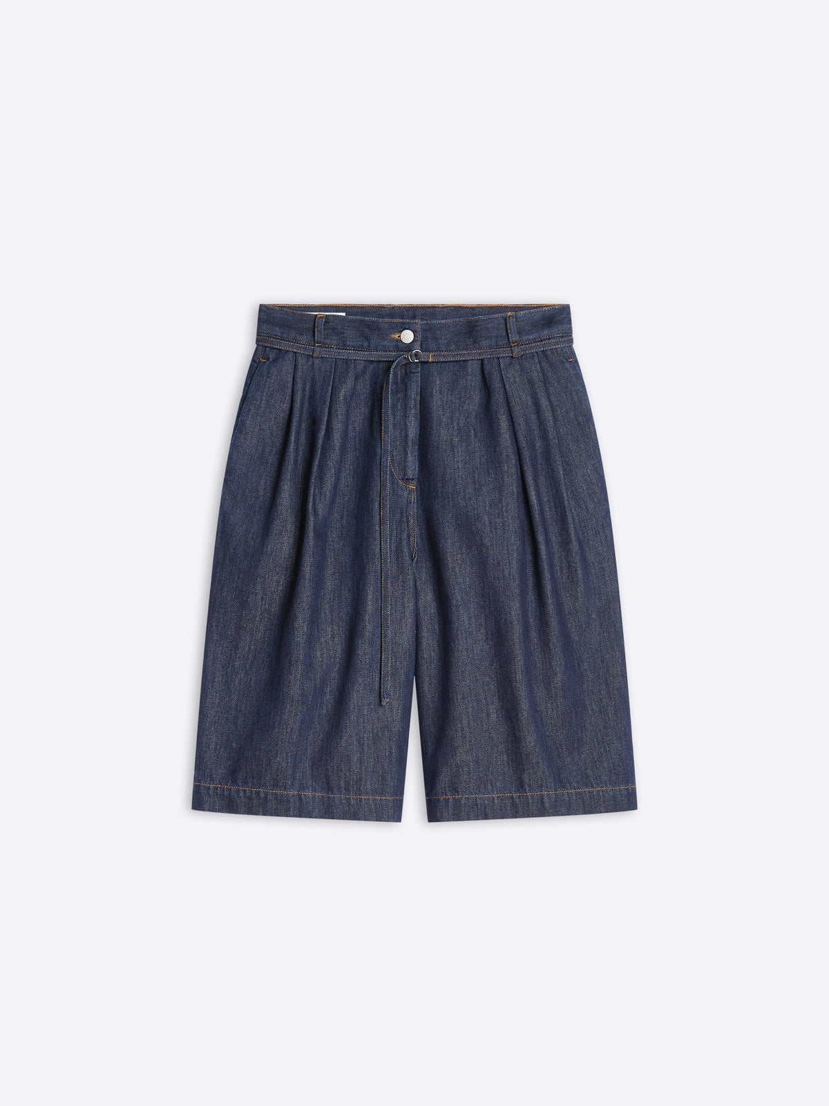 Blue denim shorts on a white background