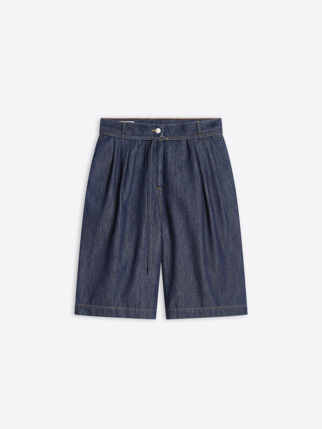 Blue denim shorts on a white background